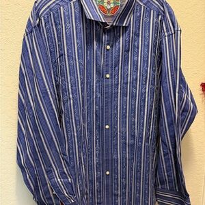 Robert Graham Blue and White Striped Shirt embroidered Long Sleeve Shirt 3XL